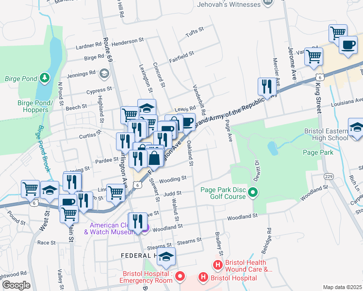 map of restaurants, bars, coffee shops, grocery stores, and more near 156 Farmington Avenue in Bristol
