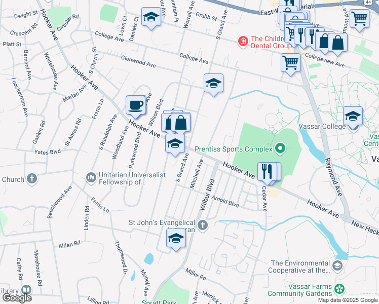 map of restaurants, bars, coffee shops, grocery stores, and more near 168 South Grand Avenue in Poughkeepsie