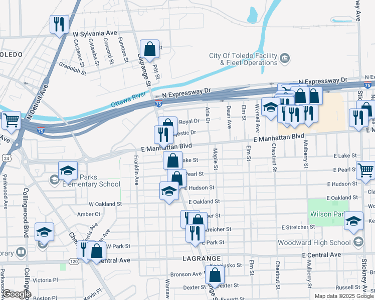 map of restaurants, bars, coffee shops, grocery stores, and more near 263 East Lake Street in Toledo
