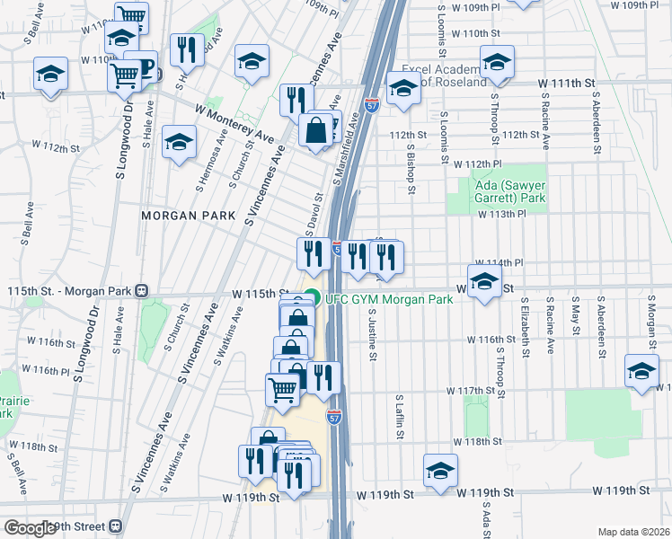 map of restaurants, bars, coffee shops, grocery stores, and more near 1568 West 115th Street in Chicago
