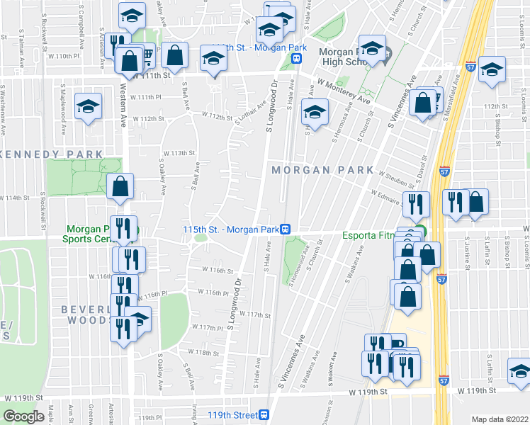 map of restaurants, bars, coffee shops, grocery stores, and more near 11446 South Hale Avenue in Chicago