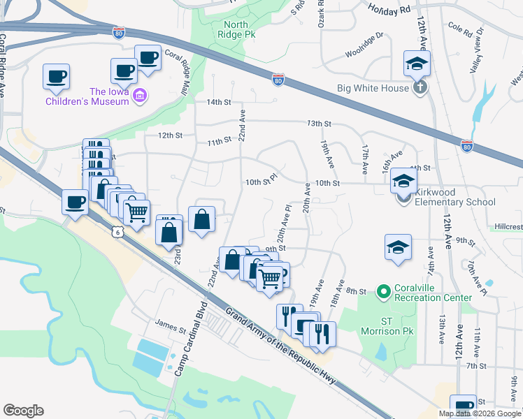 map of restaurants, bars, coffee shops, grocery stores, and more near 1104 21st Avenue Place in Coralville