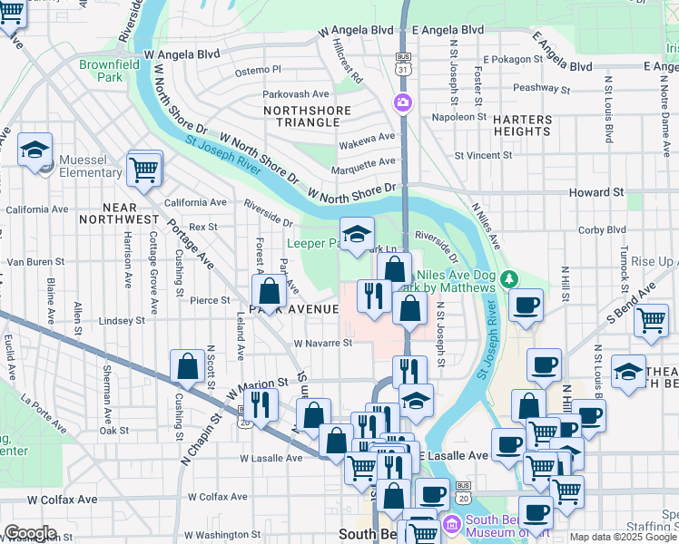 map of restaurants, bars, coffee shops, grocery stores, and more near 832 North Lafayette Boulevard in South Bend