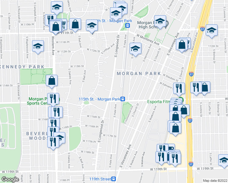 map of restaurants, bars, coffee shops, grocery stores, and more near 11446 South Hale Avenue in Chicago