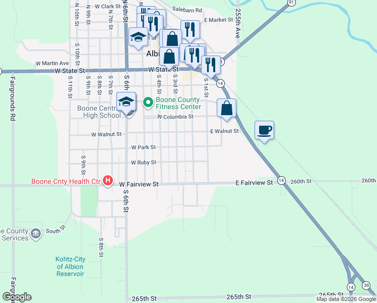 map of restaurants, bars, coffee shops, grocery stores, and more near 101 West Ruby Street in Albion