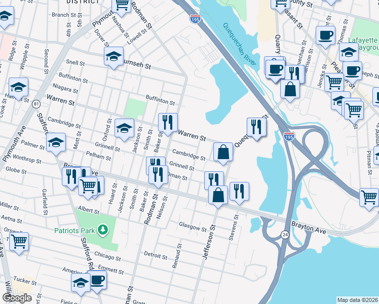 map of restaurants, bars, coffee shops, grocery stores, and more near 114 Reeves Street in Fall River
