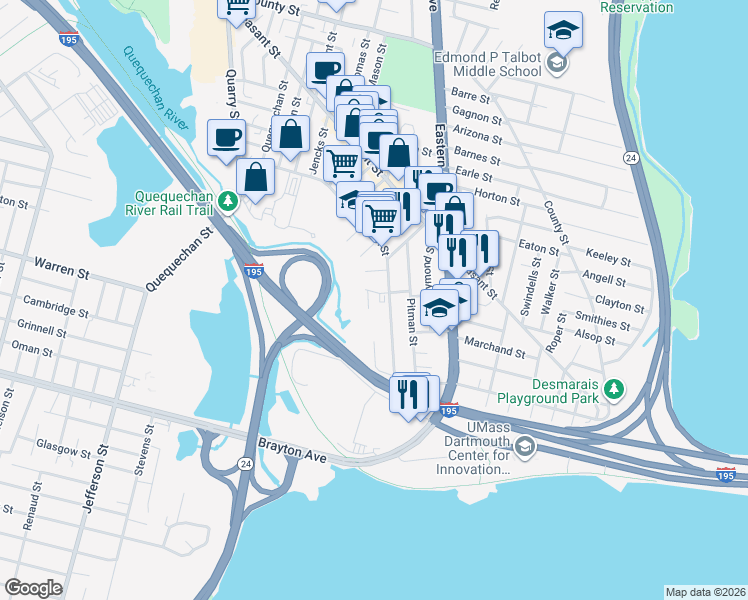 map of restaurants, bars, coffee shops, grocery stores, and more near 507 Alden Street in Fall River