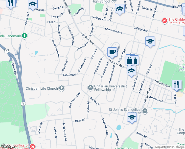 map of restaurants, bars, coffee shops, grocery stores, and more near 38 South Randolph Avenue in Poughkeepsie