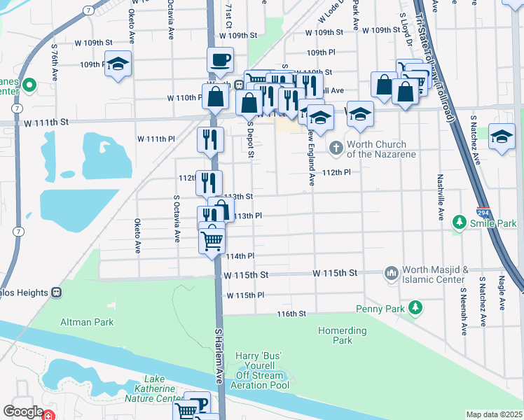 map of restaurants, bars, coffee shops, grocery stores, and more near 11347 South Depot Street in Worth
