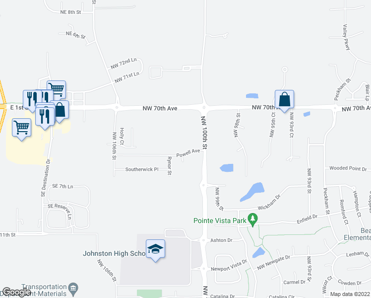 map of restaurants, bars, coffee shops, grocery stores, and more near 6908 Northwest 100th Street in Johnston