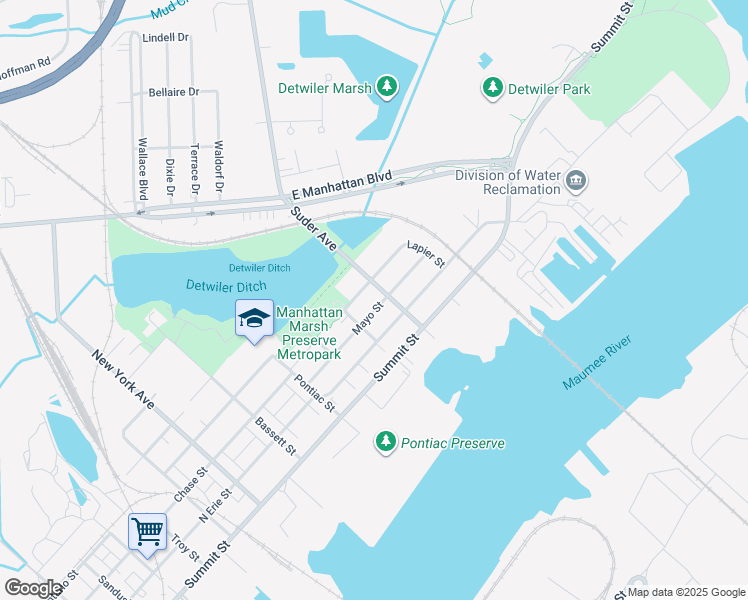 map of restaurants, bars, coffee shops, grocery stores, and more near 3404 Mayo Street in Toledo