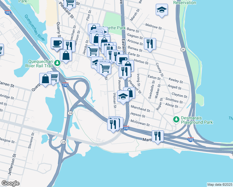 map of restaurants, bars, coffee shops, grocery stores, and more near 180 Pitman Street in Fall River