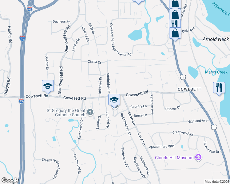 map of restaurants, bars, coffee shops, grocery stores, and more near 287 Cowesett Road in Warwick