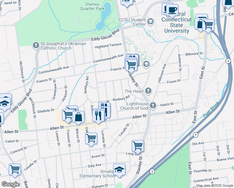 map of restaurants, bars, coffee shops, grocery stores, and more near 130 Roxbury Road in New Britain