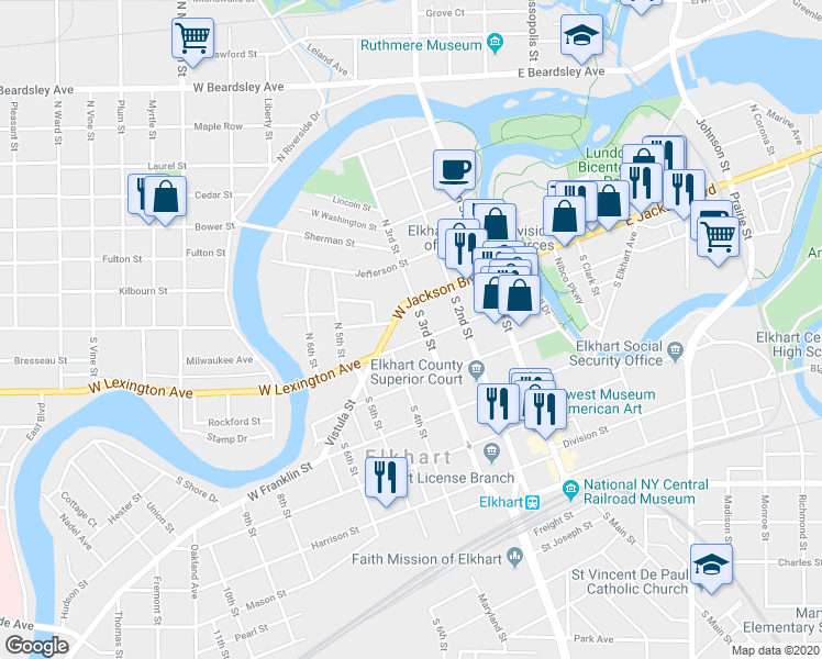 map of restaurants, bars, coffee shops, grocery stores, and more near 325 West Lexington Avenue in Elkhart