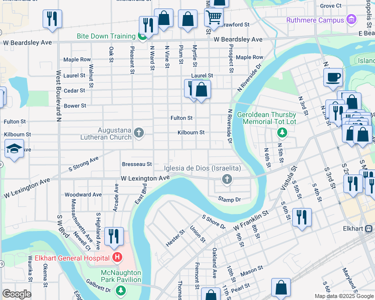 map of restaurants, bars, coffee shops, grocery stores, and more near 819 Strong Ave in Elkhart