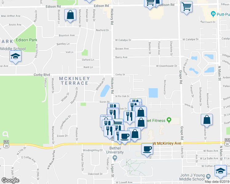 map of restaurants, bars, coffee shops, grocery stores, and more near 201 North Pin Oak Drive in Mishawaka