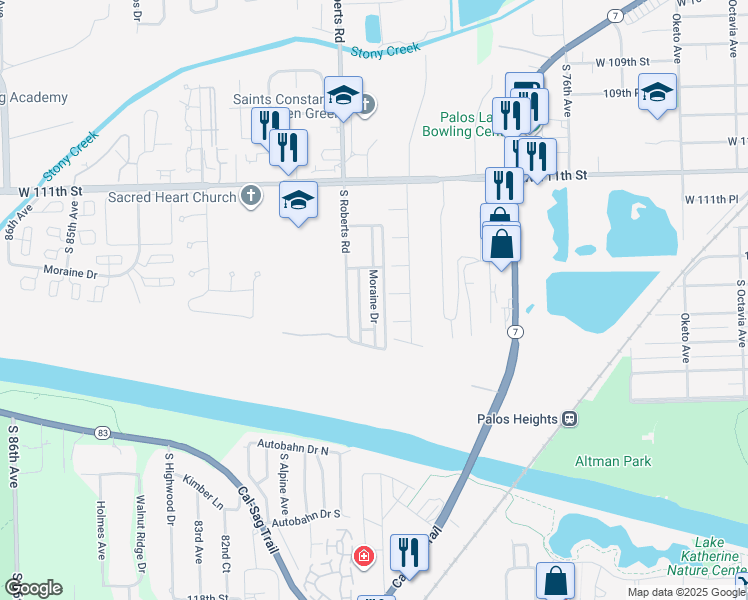 map of restaurants, bars, coffee shops, grocery stores, and more near 11342 Moraine Drive in Palos Hills