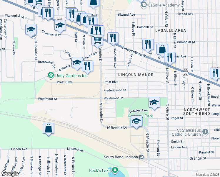 map of restaurants, bars, coffee shops, grocery stores, and more near 3017 Frederickson Street in South Bend
