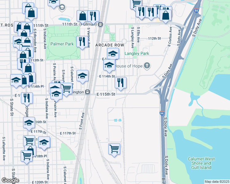 map of restaurants, bars, coffee shops, grocery stores, and more near 580 East 115th Street in Chicago
