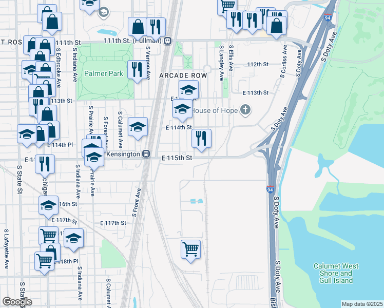 map of restaurants, bars, coffee shops, grocery stores, and more near 580 East 115th Street in Chicago
