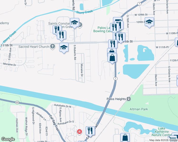 map of restaurants, bars, coffee shops, grocery stores, and more near 7901 113th Street in Palos Hills