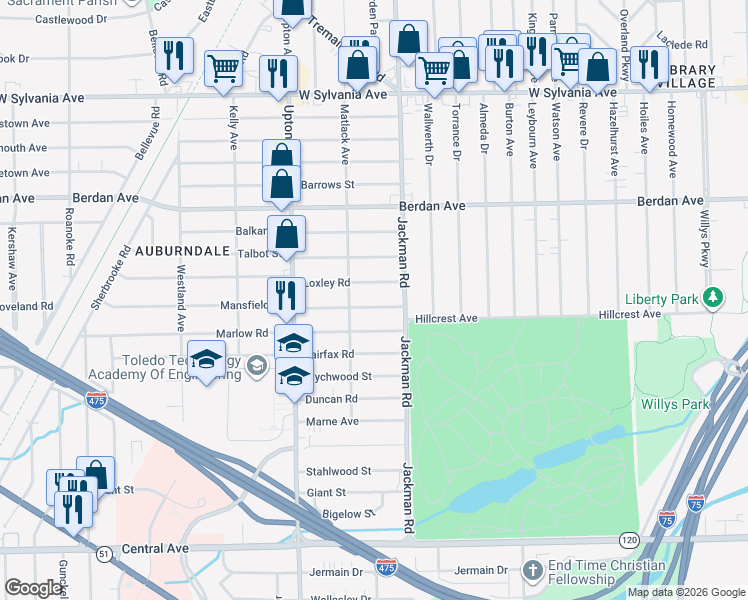 map of restaurants, bars, coffee shops, grocery stores, and more near 1736 Marlow Road in Toledo