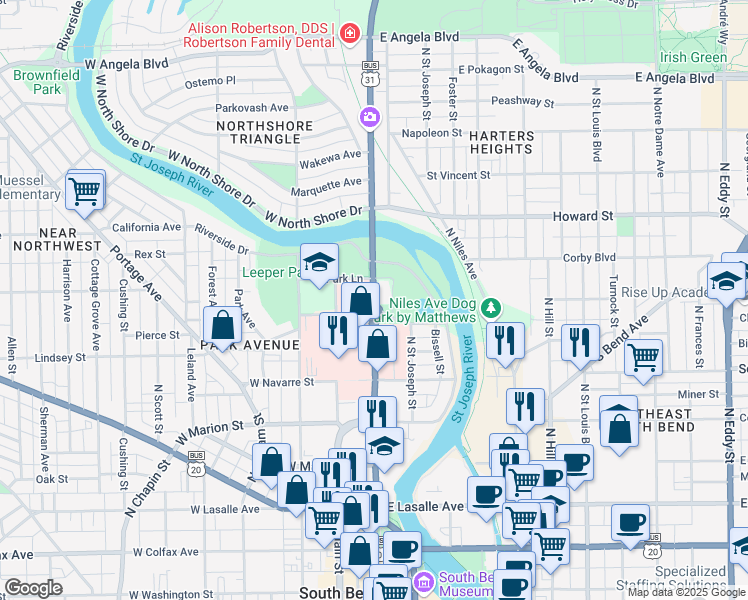 map of restaurants, bars, coffee shops, grocery stores, and more near 830 North Michigan Street in South Bend