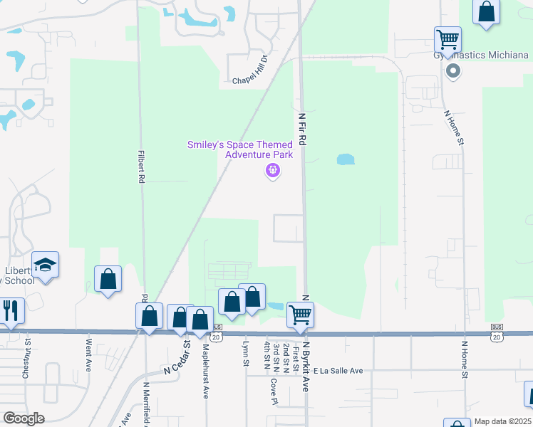 map of restaurants, bars, coffee shops, grocery stores, and more near 2725 Spinn Lane in Mishawaka