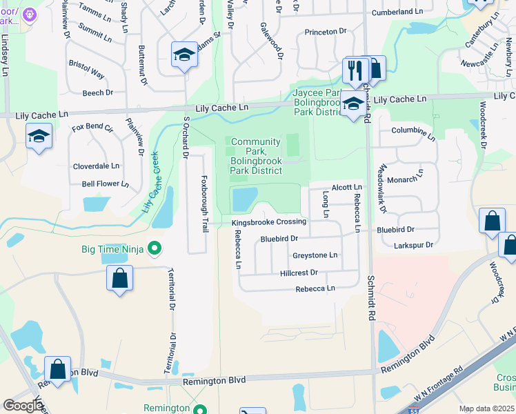 map of restaurants, bars, coffee shops, grocery stores, and more near 3 Kingsbrooke Court in Bolingbrook