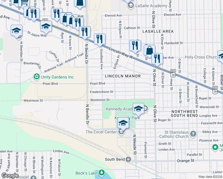 map of restaurants, bars, coffee shops, grocery stores, and more near 2905 Prast Boulevard in South Bend