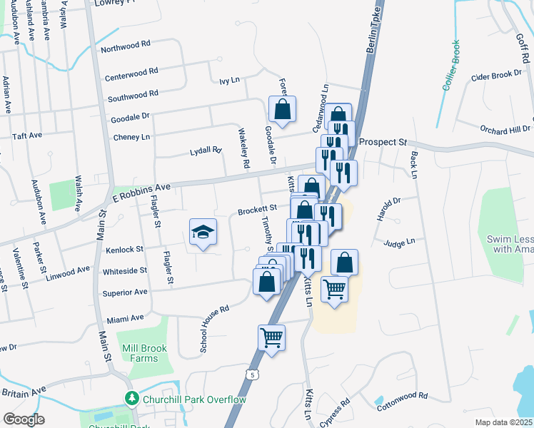 map of restaurants, bars, coffee shops, grocery stores, and more near 27 Timothy Street in Newington