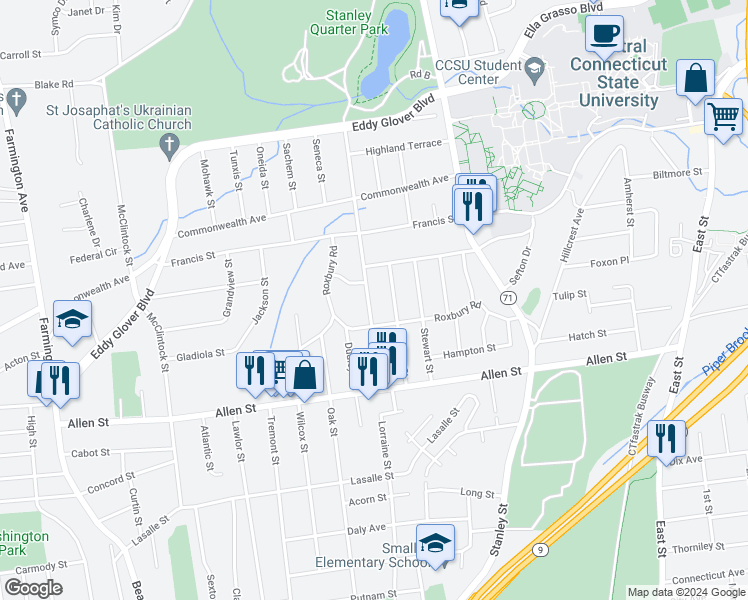 map of restaurants, bars, coffee shops, grocery stores, and more near 103 Carlton Street in New Britain