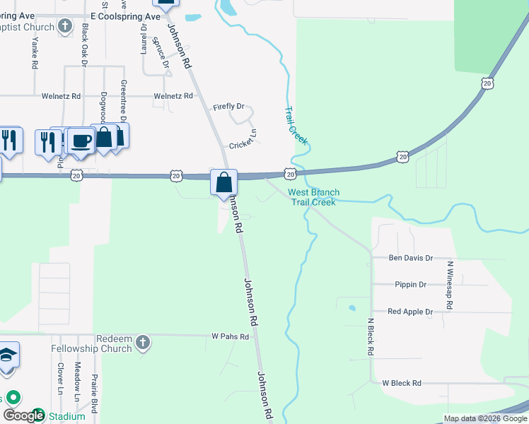 map of restaurants, bars, coffee shops, grocery stores, and more near 5401 Johnson Road in Michigan City