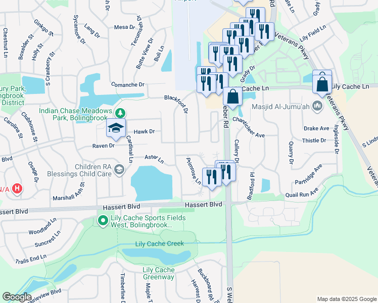 map of restaurants, bars, coffee shops, grocery stores, and more near 393 Blackfoot Drive in Bolingbrook