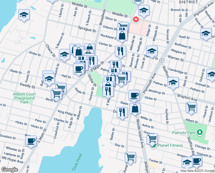 map of restaurants, bars, coffee shops, grocery stores, and more near 762 Globe Street in Fall River