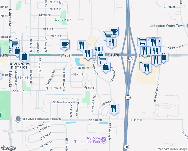 map of restaurants, bars, coffee shops, grocery stores, and more near 360 Southeast Gateway Drive in Grimes