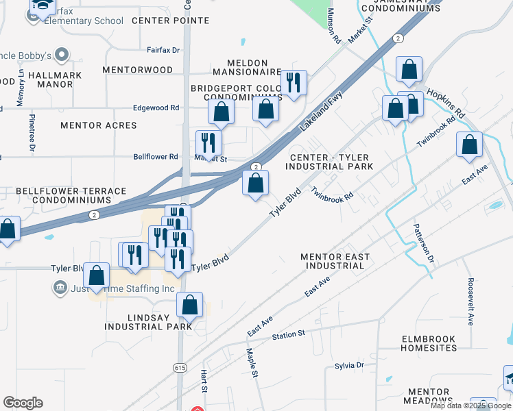 map of restaurants, bars, coffee shops, grocery stores, and more near 8507 Tyler Boulevard in Mentor
