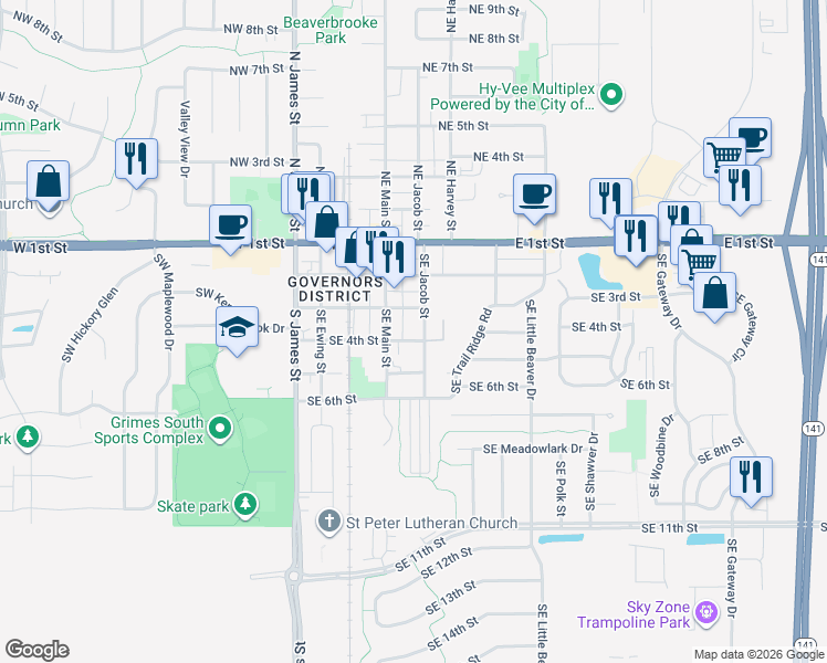 map of restaurants, bars, coffee shops, grocery stores, and more near 405 Southeast 3rd Street in Grimes