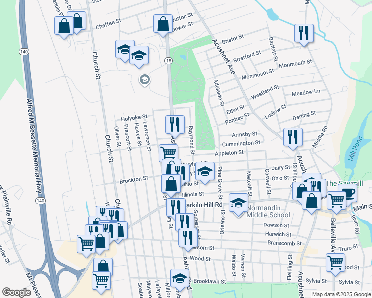map of restaurants, bars, coffee shops, grocery stores, and more near 254 Florida Street in New Bedford