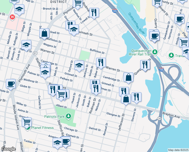 map of restaurants, bars, coffee shops, grocery stores, and more near 164 Baker Street in Fall River