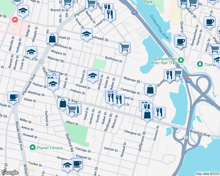 map of restaurants, bars, coffee shops, grocery stores, and more near 164 Baker Street in Fall River