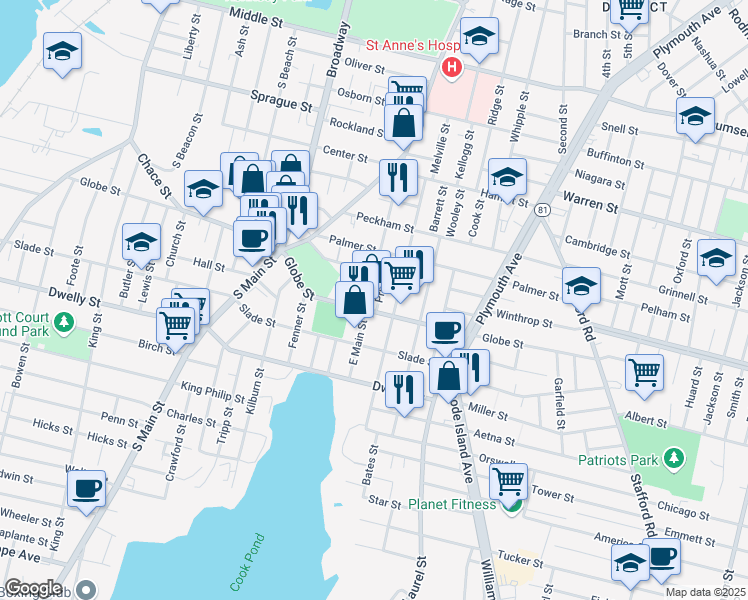 map of restaurants, bars, coffee shops, grocery stores, and more near 303 East Main Street in Fall River