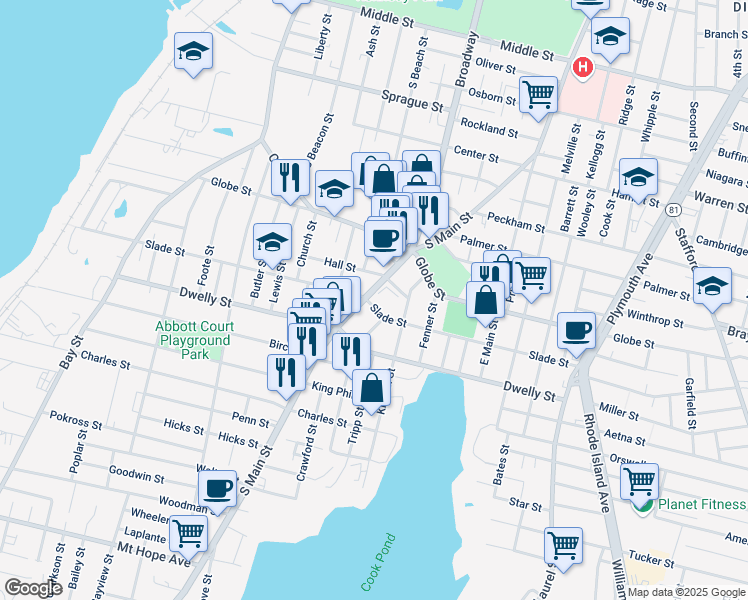 map of restaurants, bars, coffee shops, grocery stores, and more near 139 Hall Street in Fall River
