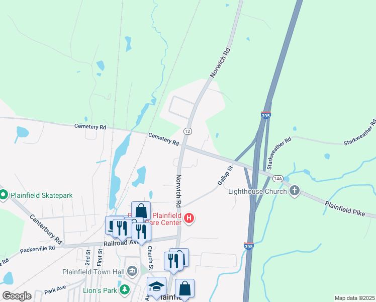 map of restaurants, bars, coffee shops, grocery stores, and more near 20 Academy Hill Road in Plainfield