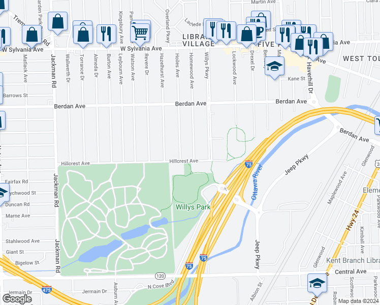 map of restaurants, bars, coffee shops, grocery stores, and more near 3544 Homewood Avenue in Toledo