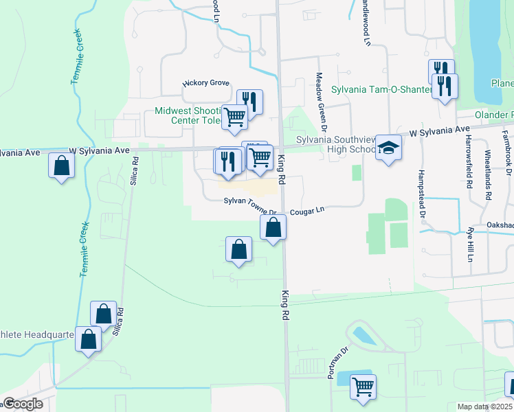 map of restaurants, bars, coffee shops, grocery stores, and more near 7545 West Sylvania Avenue in Sylvania