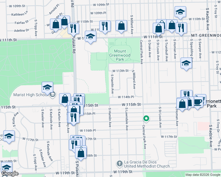 map of restaurants, bars, coffee shops, grocery stores, and more near 11342 South Hamlin Avenue in Chicago