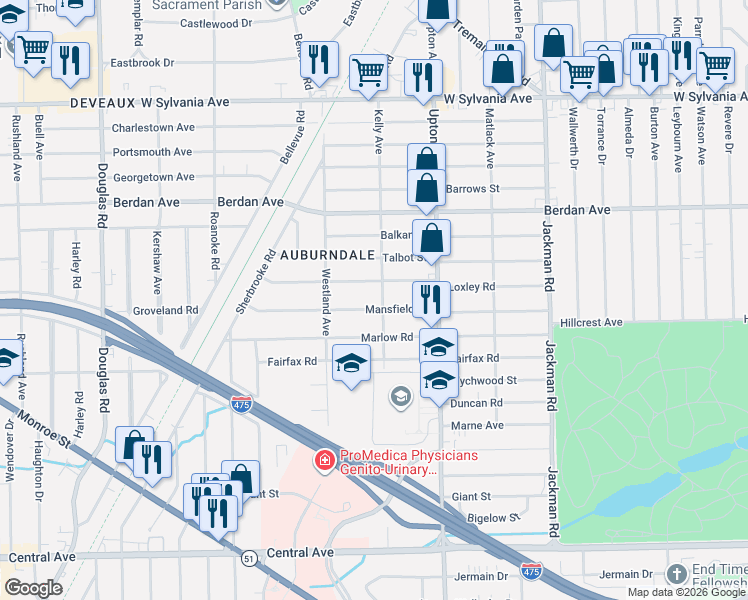 map of restaurants, bars, coffee shops, grocery stores, and more near 2004 Loxley Road in Toledo
