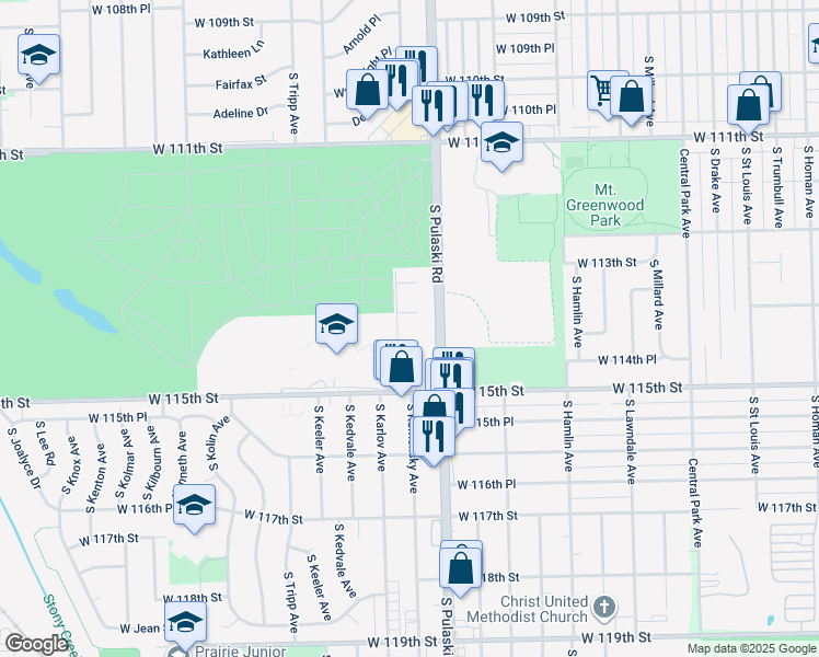 map of restaurants, bars, coffee shops, grocery stores, and more near 4050 West 115th Street in Chicago